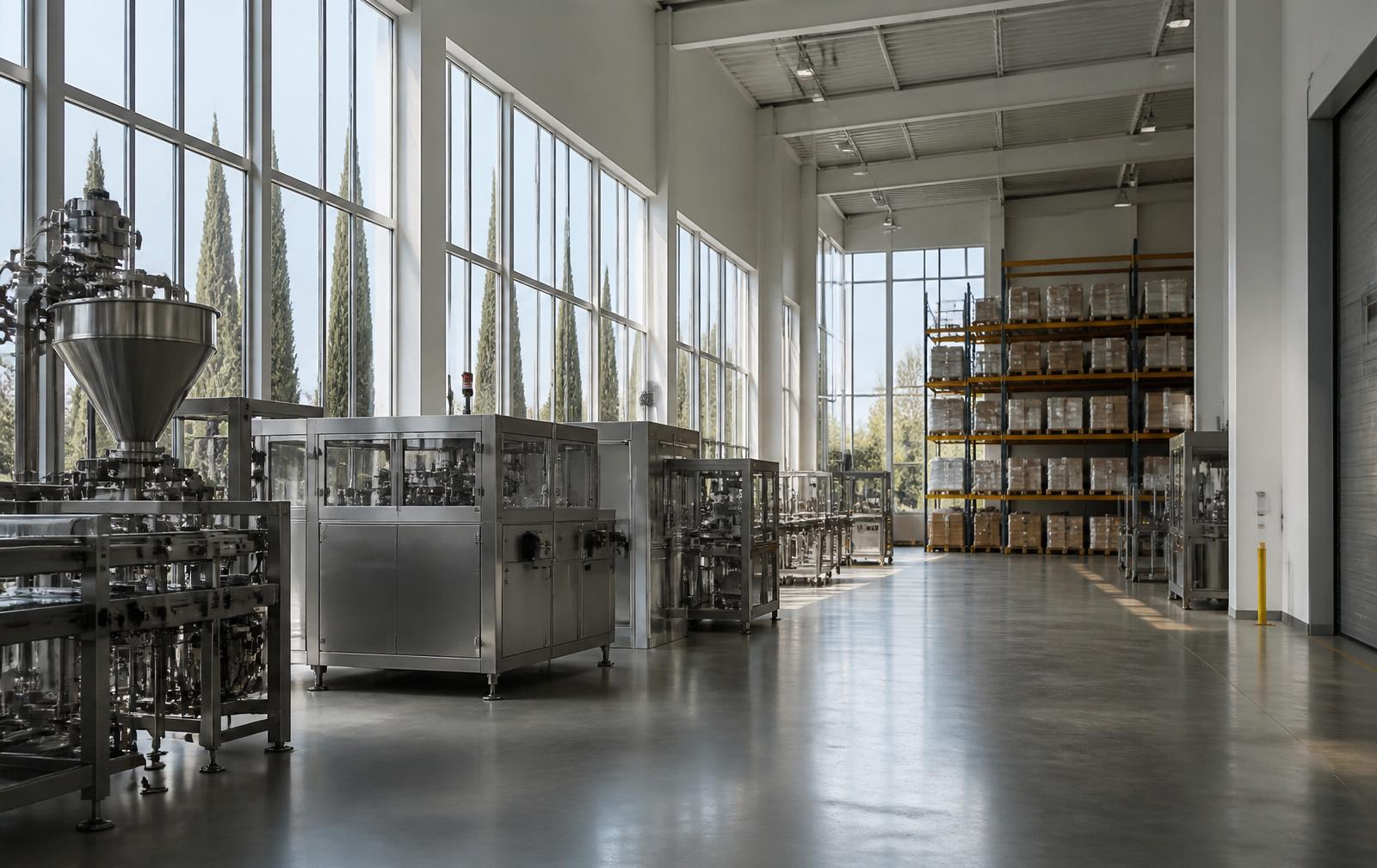 Ambiente industriale con impianto produttivo e area di stoccaggio