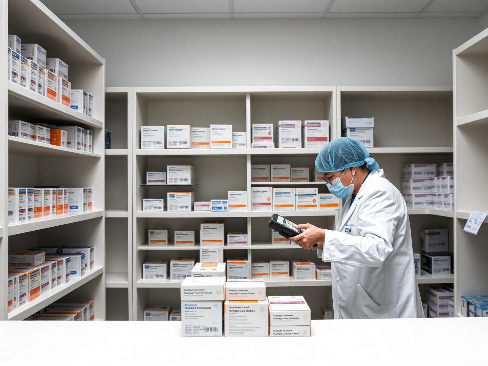 Operatore della farmacia ospedaliera scansiona una confezione di farmaco