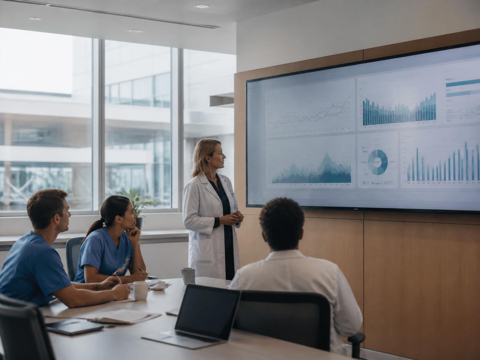 Monitor con analytics in una sala operativa sanitaria