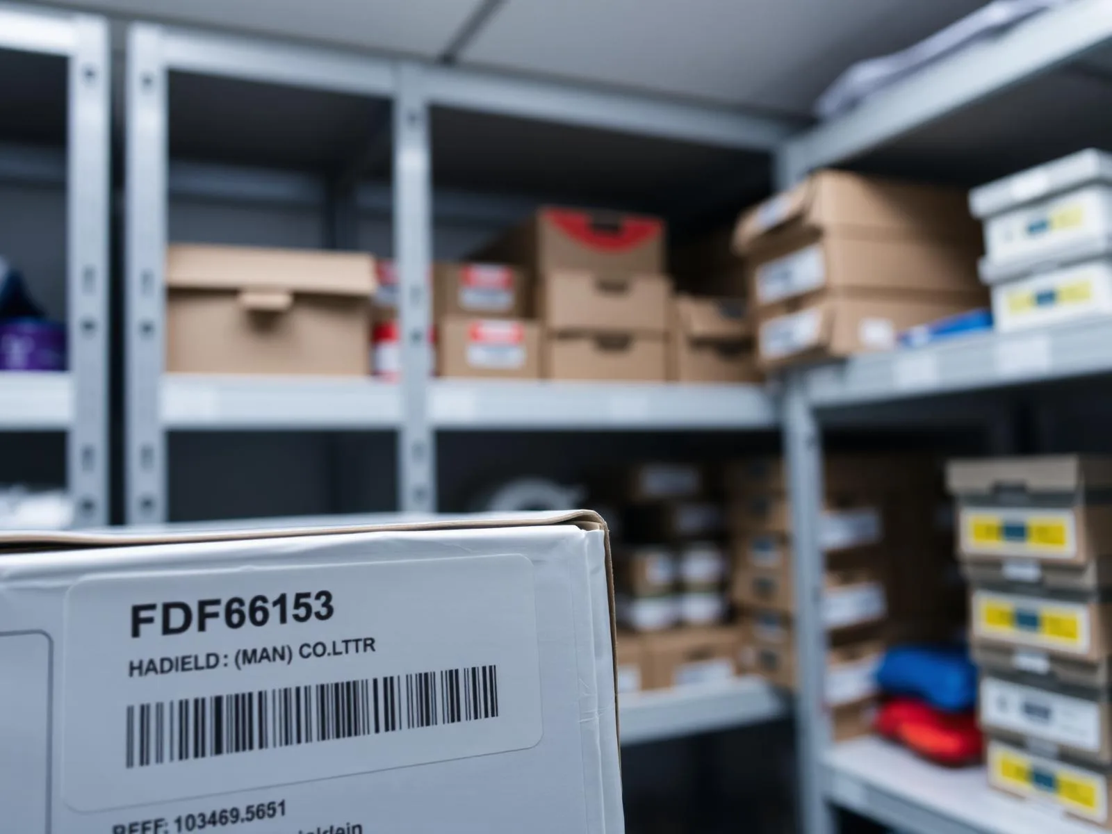 Etichetta RFID su una confezione di materiale sanitario in un deposito ospedaliero