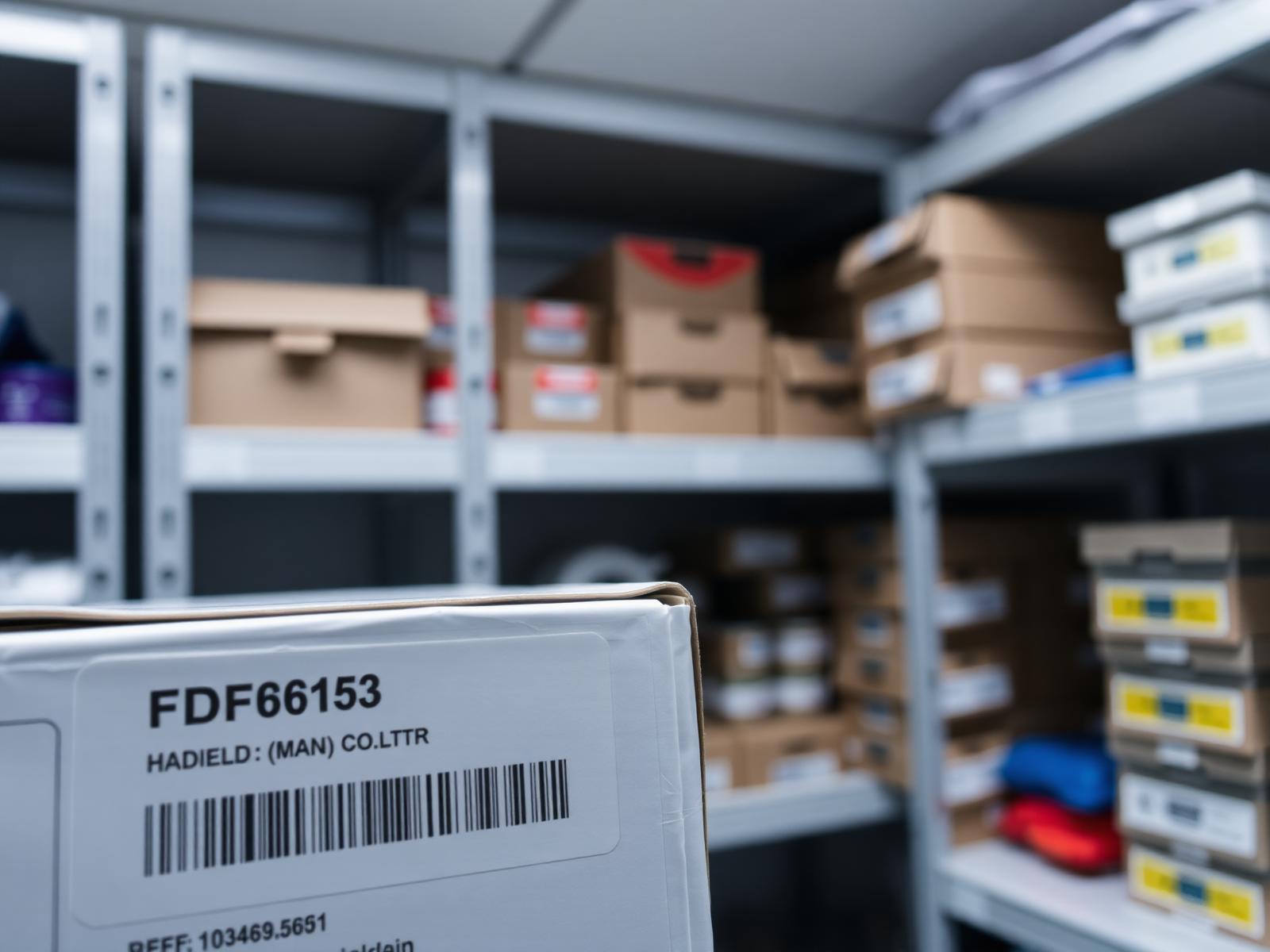 Etichetta RFID su una confezione di materiale sanitario in un deposito ospedaliero