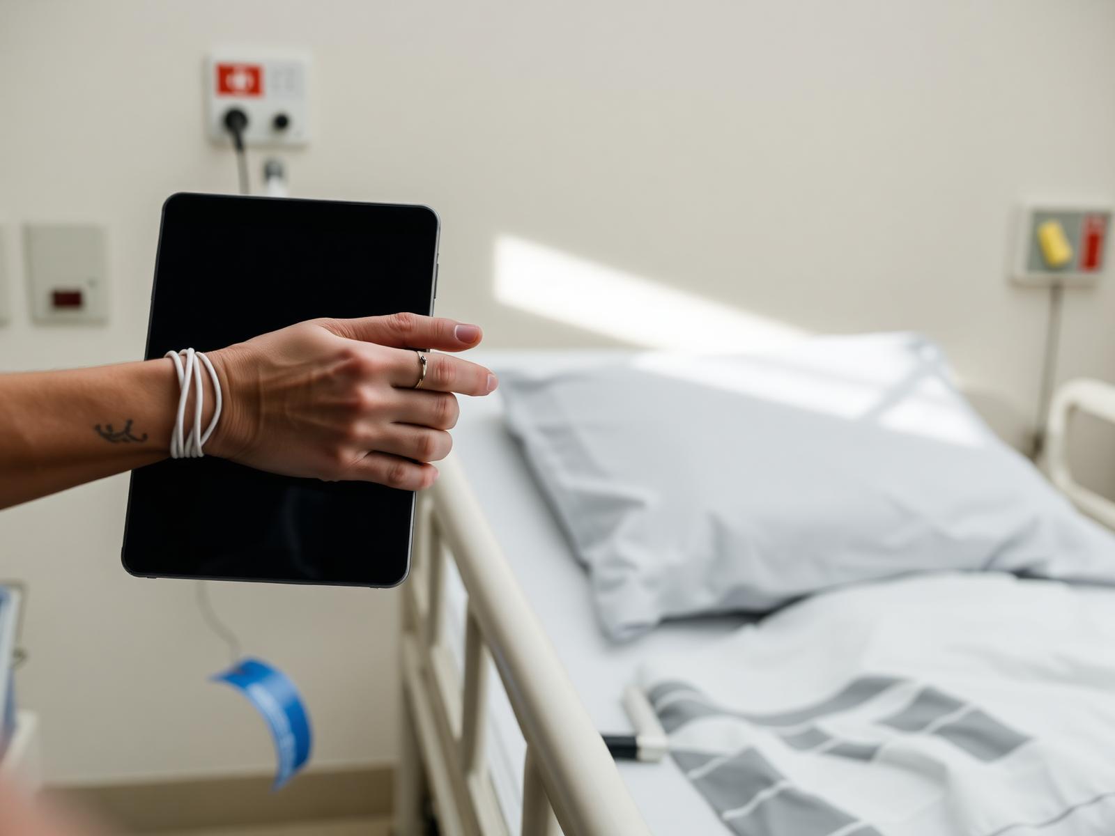 Infermiera con tablet ruggedizzato accanto a un letto ospedaliero