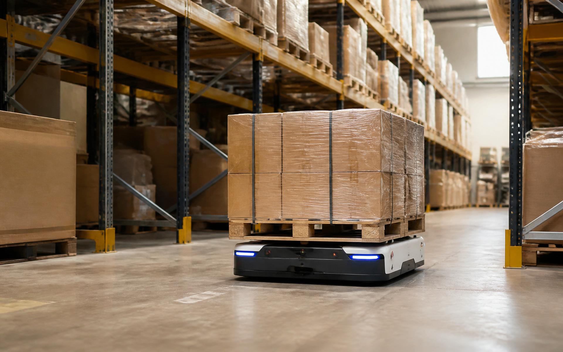 Robot AMR che trasporta un pallet in corsia di magazzino