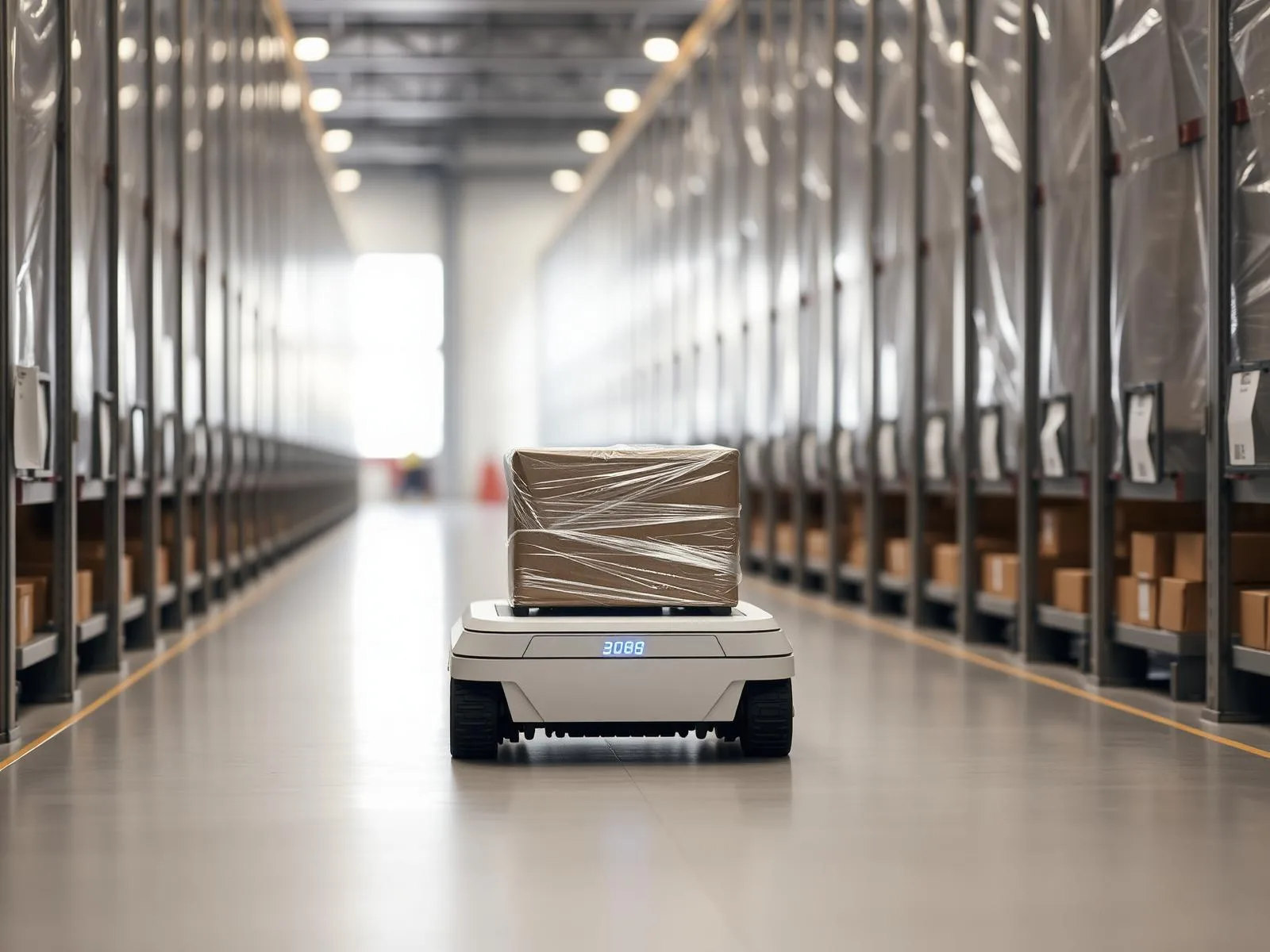 Robot AMR che trasporta un pallet in un corridoio di magazzino