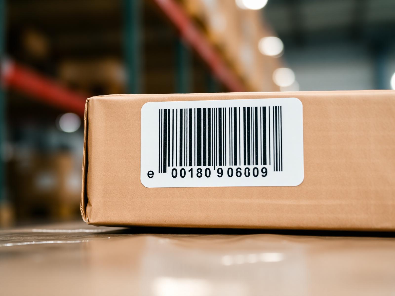 Etichetta barcode su una scatola in magazzino