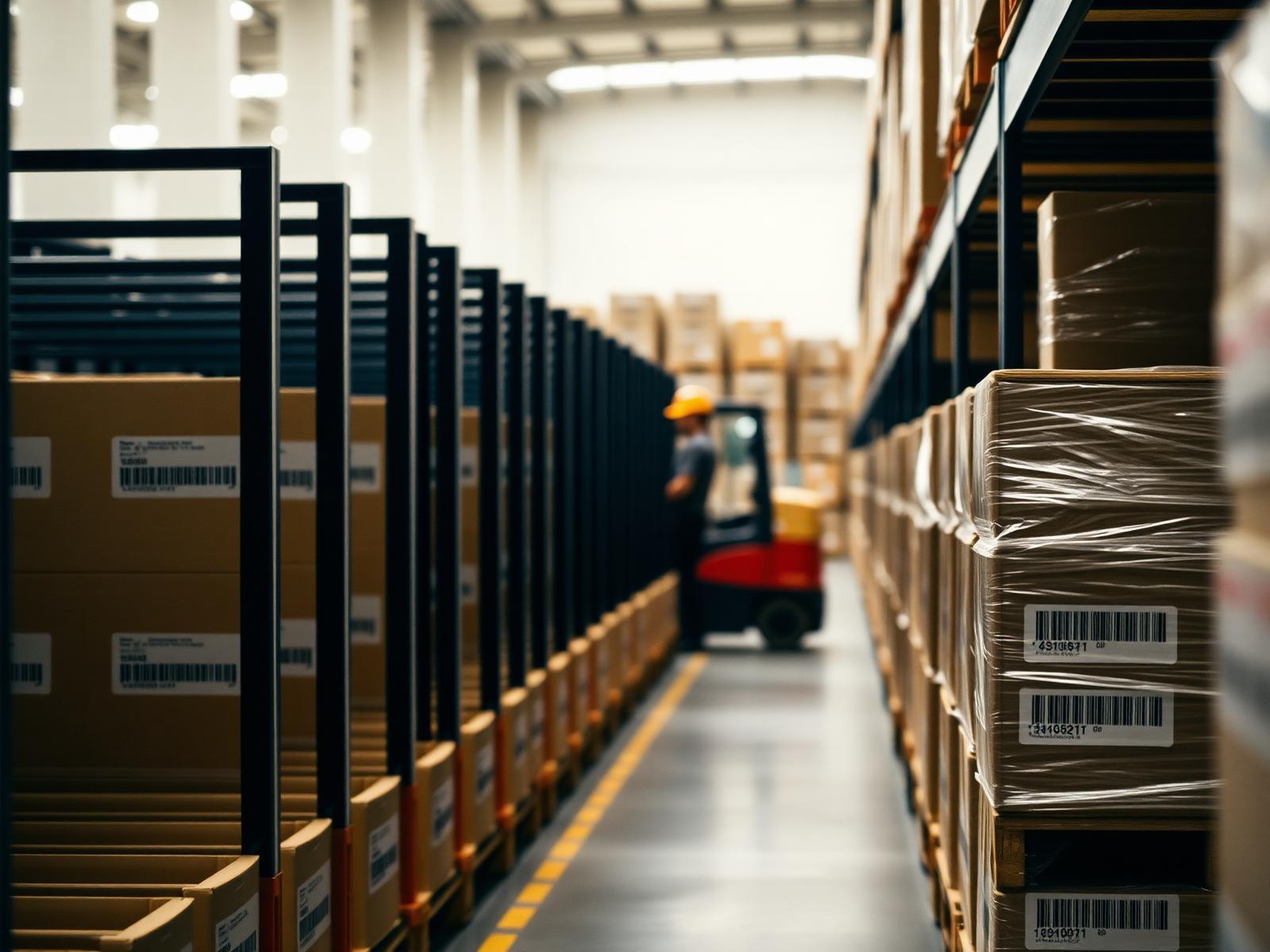 Corsia di magazzino con pallet e infrastruttura di tracciabilità